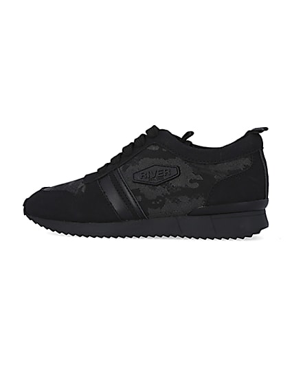 360 degree animation of product Boys Black Camo Jacquard Runner trainers frame-4