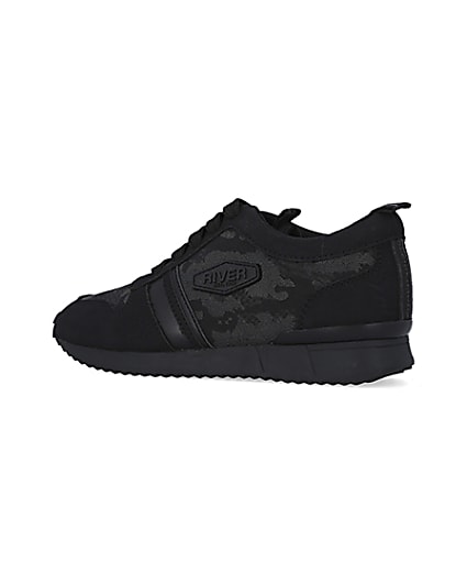 360 degree animation of product Boys Black Camo Jacquard Runner trainers frame-5