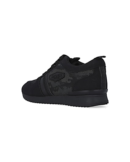 360 degree animation of product Boys Black Camo Jacquard Runner trainers frame-6