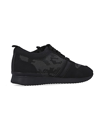 360 degree animation of product Boys Black Camo Jacquard Runner trainers frame-13