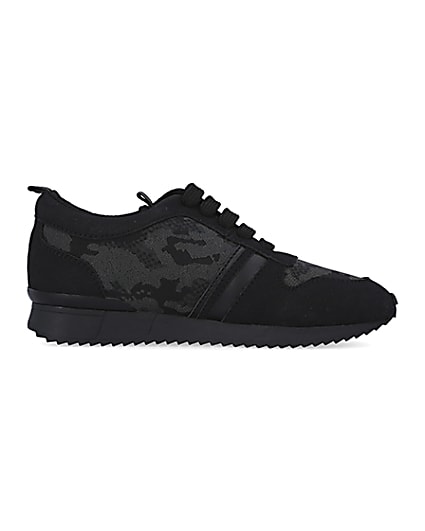 360 degree animation of product Boys Black Camo Jacquard Runner trainers frame-15