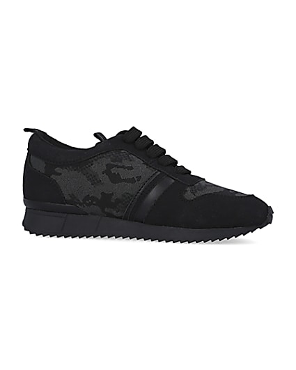 360 degree animation of product Boys Black Camo Jacquard Runner trainers frame-16