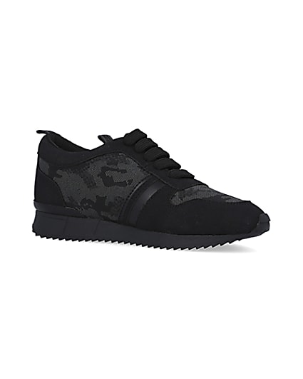 360 degree animation of product Boys Black Camo Jacquard Runner trainers frame-17