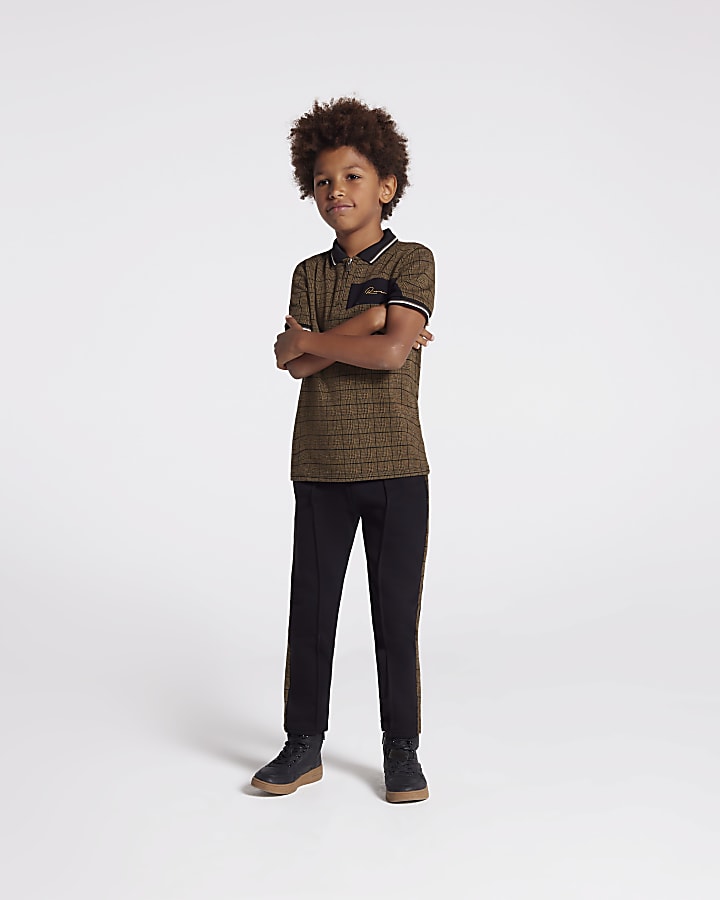Boys black check polo and joggers outfit