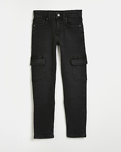 Boys Black Denim Cargo Pocket Skinny Jeans
