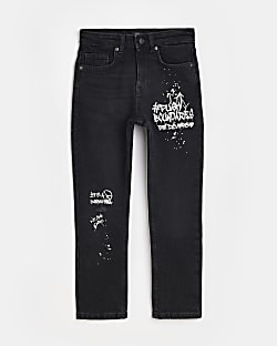 Boys Black Denim Graffiti Slim Fit Jeans