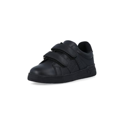 360 degree animation of product Boys black embossed velcro trainers frame-0