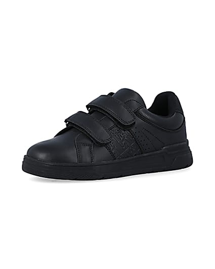 360 degree animation of product Boys black embossed velcro trainers frame-1