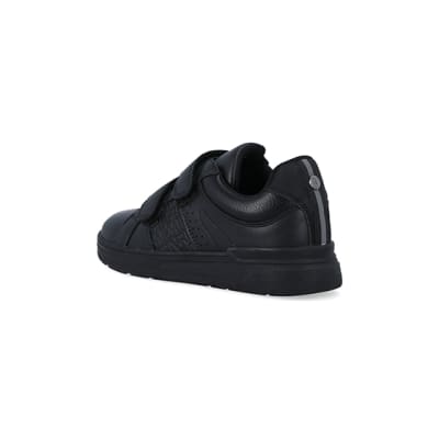 360 degree animation of product Boys black embossed velcro trainers frame-6