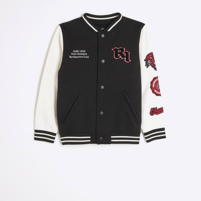 Boys black embroidered badge bomber jacket River Island
