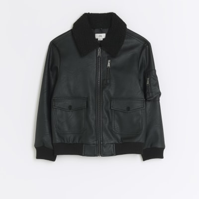 Boys black faux leather bomber jacket | River Island