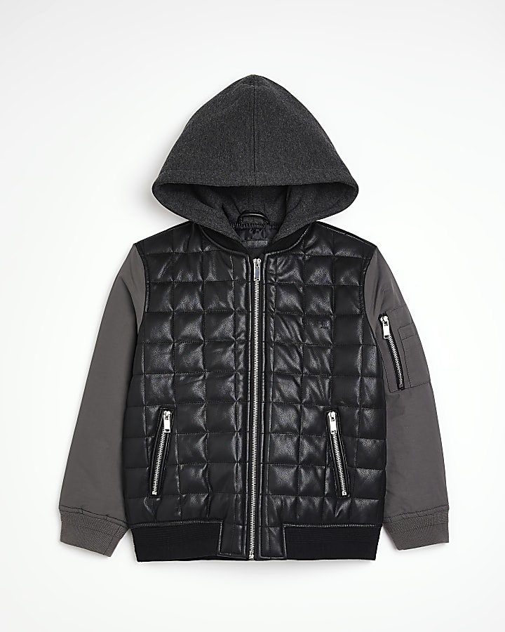 Boys Black Faux Leather Quilted Hooded Jacket