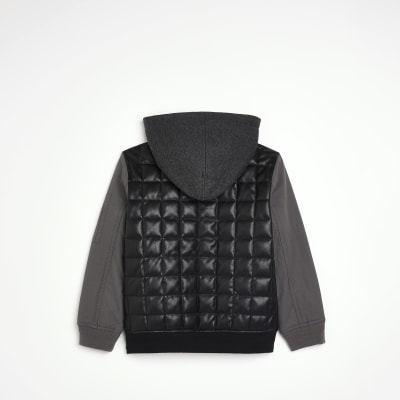 Boys Black Faux Leather Quilted Hooded Jacket