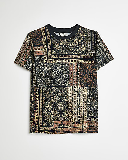 Boys Black Geometric Tapestry Print T-shirt
