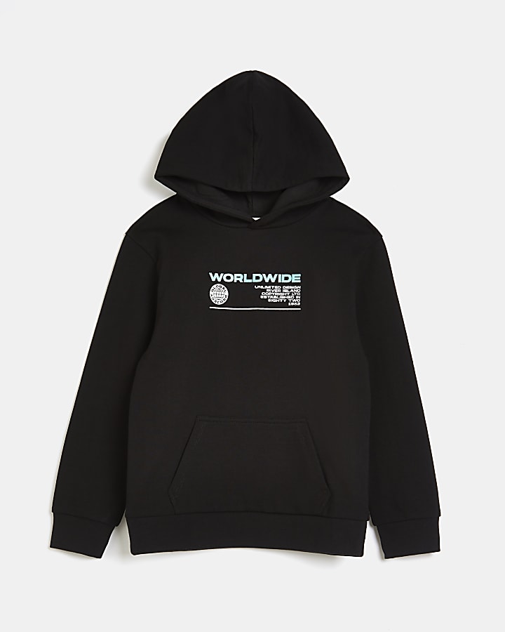 Boys black graphic back print hoodie