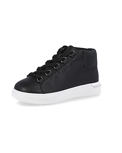 360 degree animation of product Boys black high top trainers frame-1