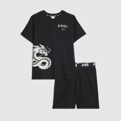 Boys Black Japanese Texture Pyjama Shorts Set