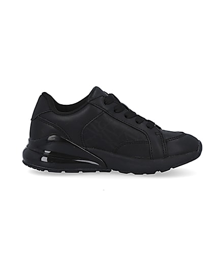 360 degree animation of product Boys black lace up bubble sole trainers frame-15