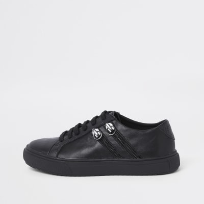 Boys black lace-up double zip side trainers