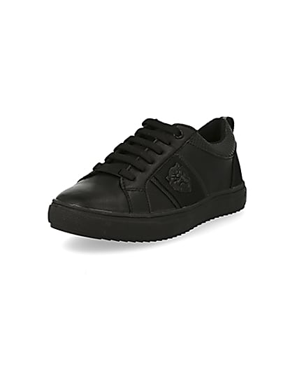 360 degree animation of product Boys black lion embossed lace-up trainers frame-0
