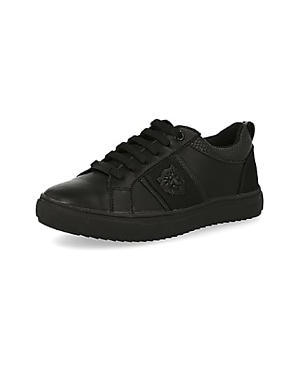 360 degree animation of product Boys black lion embossed lace-up trainers frame-1