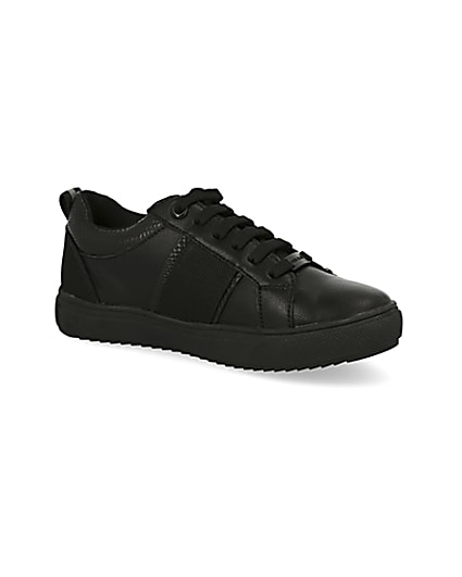 360 degree animation of product Boys black lion embossed lace-up trainers frame-17