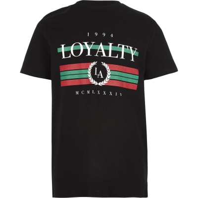 Boys black ‘Loyalty’ print T-shirt