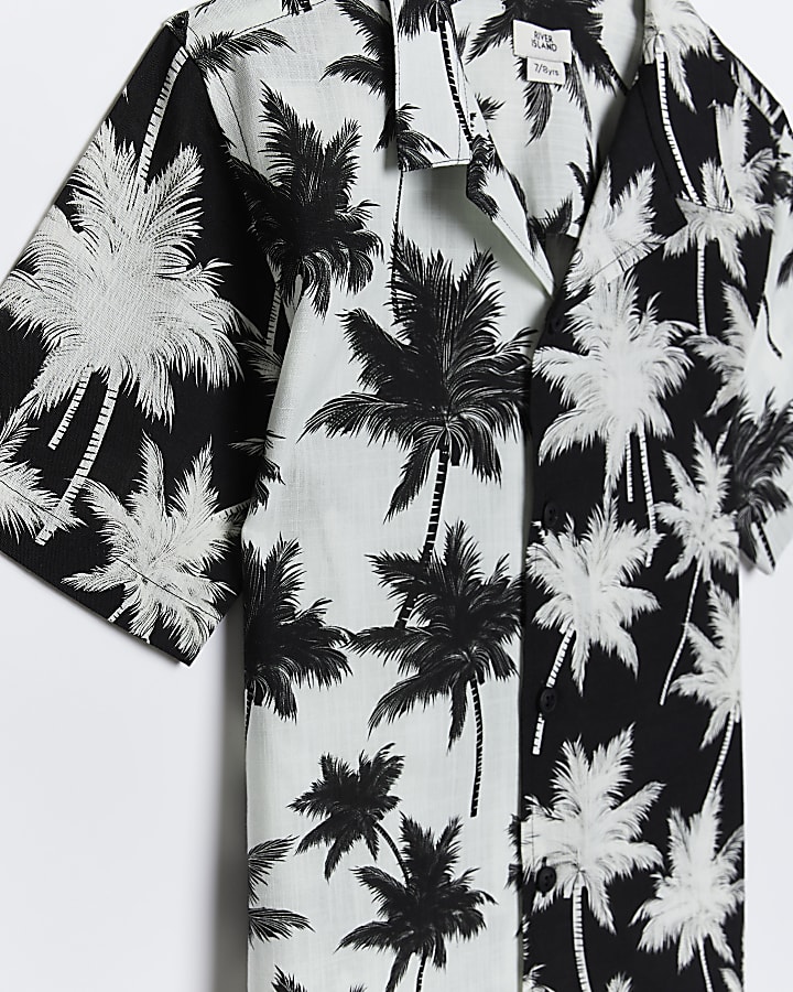 Boys black monochrome Hawaiian print shirt