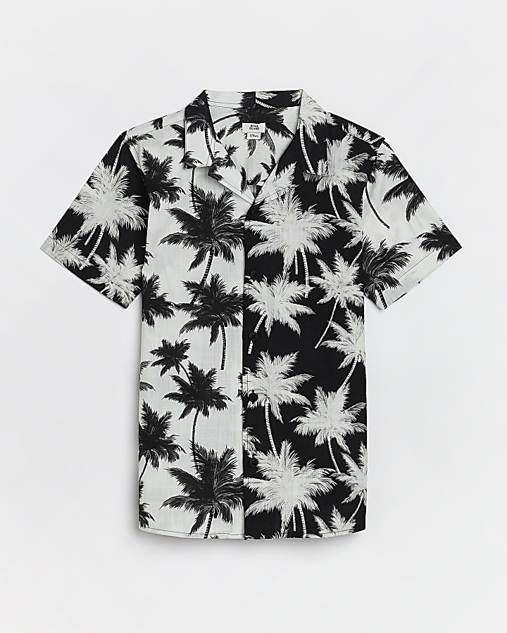 Boys black monochrome Hawaiian print shirt