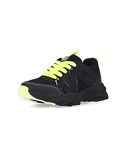 360 degree animation of product Boys black neon lace up chunky trainers frame-0
