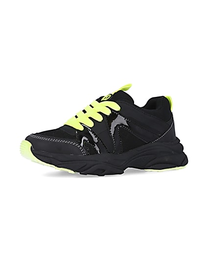 360 degree animation of product Boys black neon lace up chunky trainers frame-1