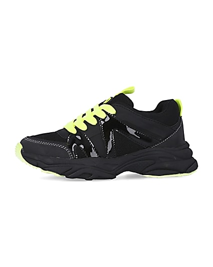 360 degree animation of product Boys black neon lace up chunky trainers frame-2