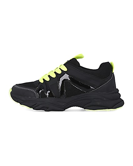 360 degree animation of product Boys black neon lace up chunky trainers frame-3