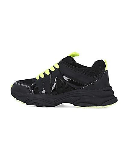 360 degree animation of product Boys black neon lace up chunky trainers frame-4