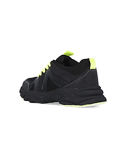 360 degree animation of product Boys black neon lace up chunky trainers frame-6