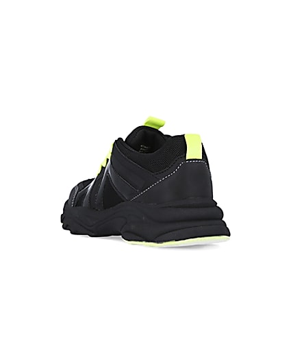 360 degree animation of product Boys black neon lace up chunky trainers frame-7