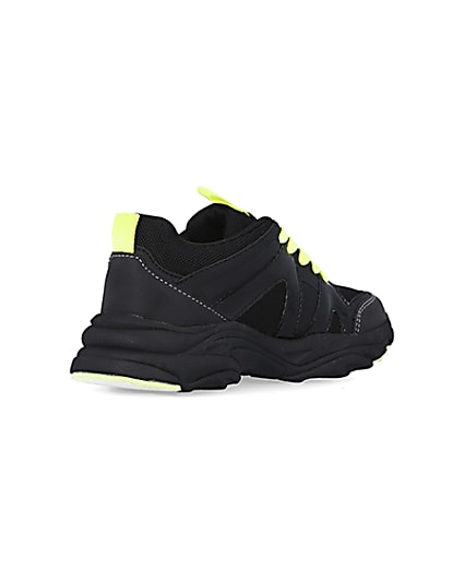 360 degree animation of product Boys black neon lace up chunky trainers frame-12