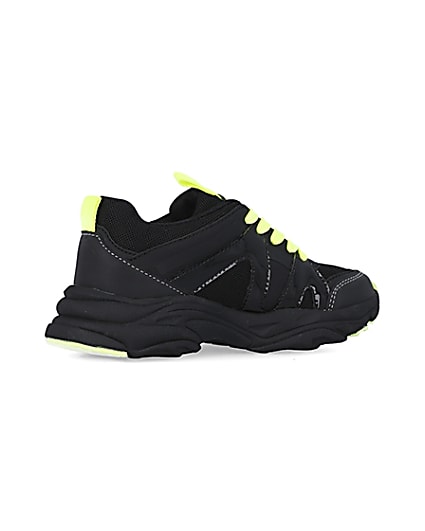 360 degree animation of product Boys black neon lace up chunky trainers frame-13