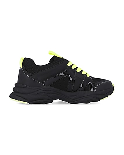 360 degree animation of product Boys black neon lace up chunky trainers frame-14