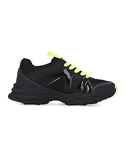 360 degree animation of product Boys black neon lace up chunky trainers frame-15