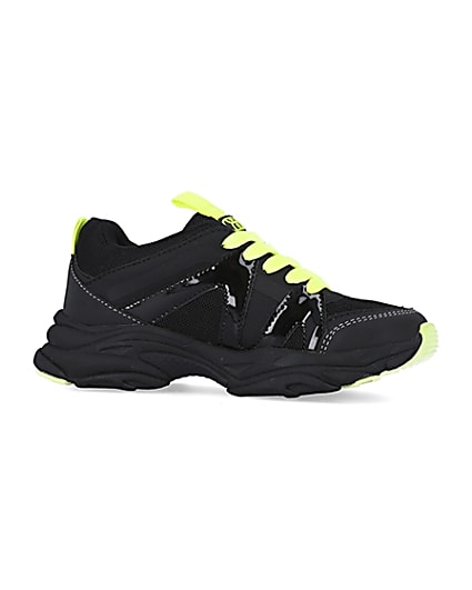 360 degree animation of product Boys black neon lace up chunky trainers frame-16