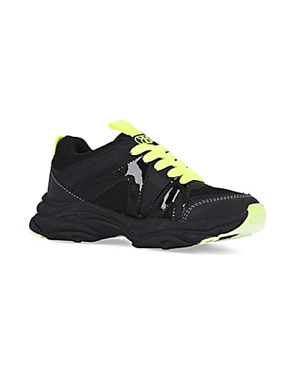 360 degree animation of product Boys black neon lace up chunky trainers frame-17