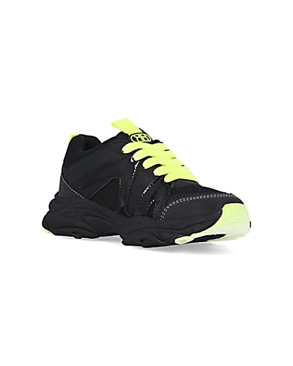 360 degree animation of product Boys black neon lace up chunky trainers frame-18