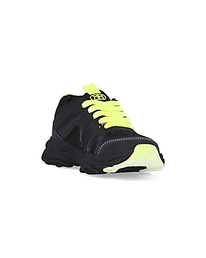 360 degree animation of product Boys black neon lace up chunky trainers frame-19