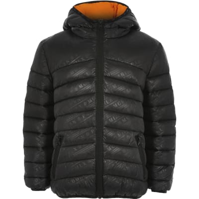Boys black printed padded jacket