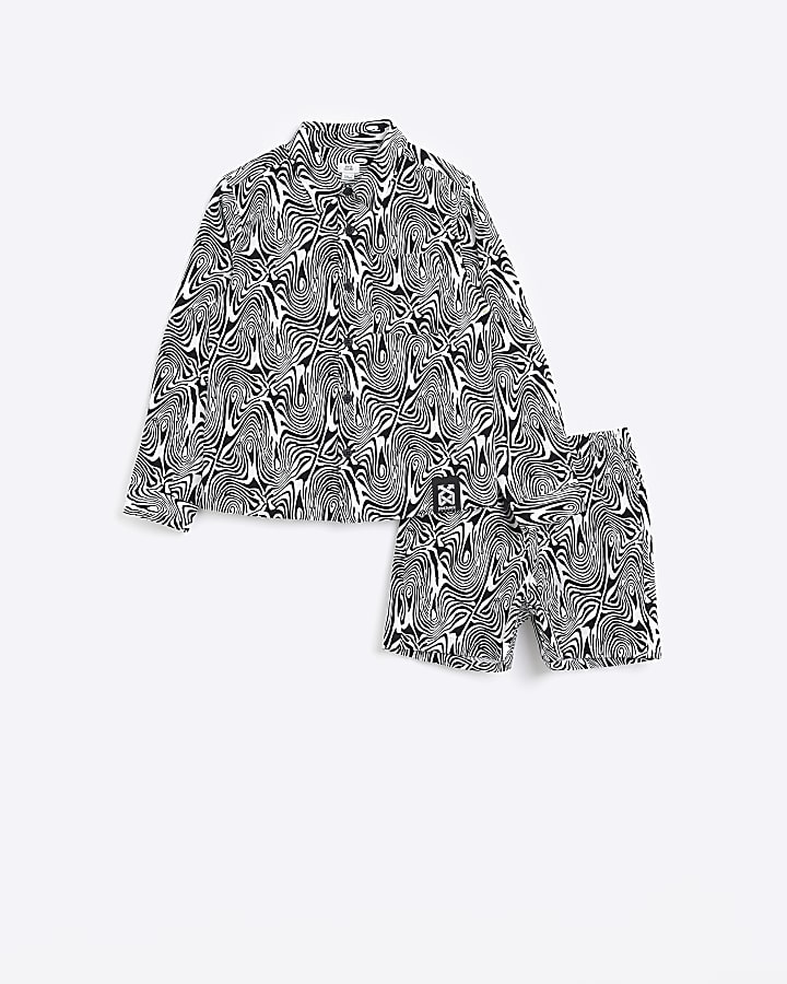 Boys Black Printed Shirt and Shorts Set