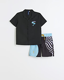 boys black printed swim shirt set