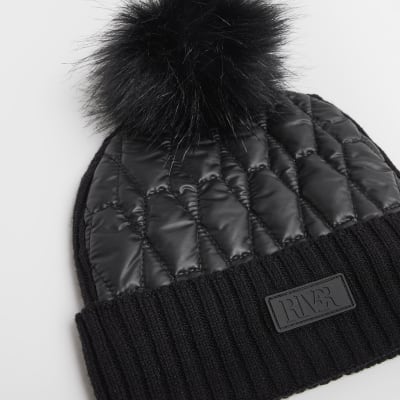 Boys black Quilted pom pom Nylon Beanie hat