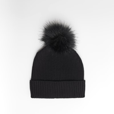 Boys black Quilted pom pom Nylon Beanie hat