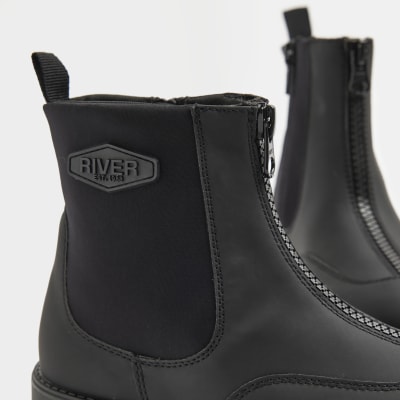 Boys Black Rubberised Zip Front Boots
